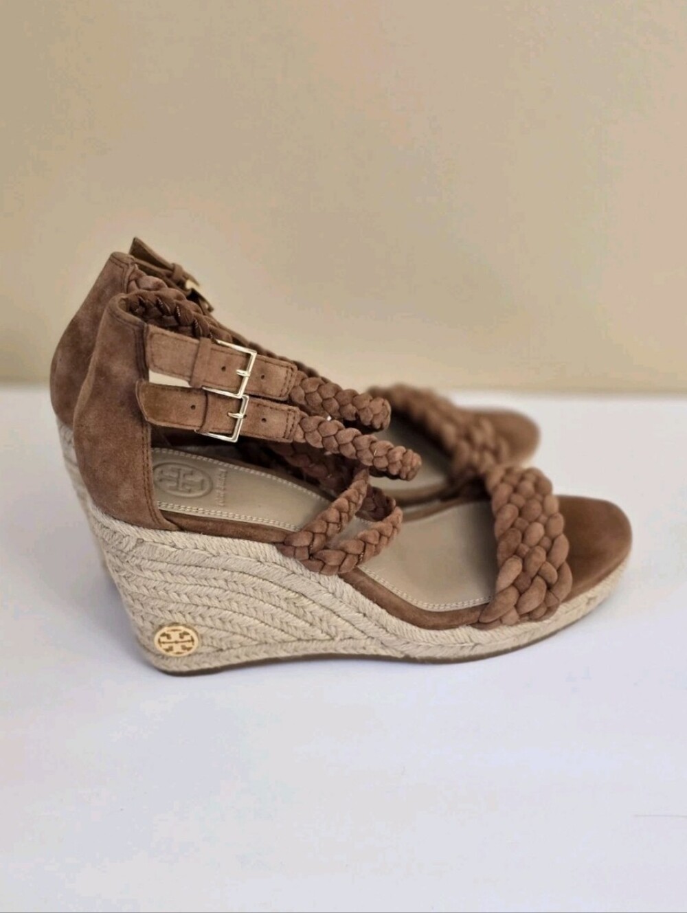 Tory Burch Bailey Suede Leather Espadrille Platform Wedge Brown 7 Ankle Straps